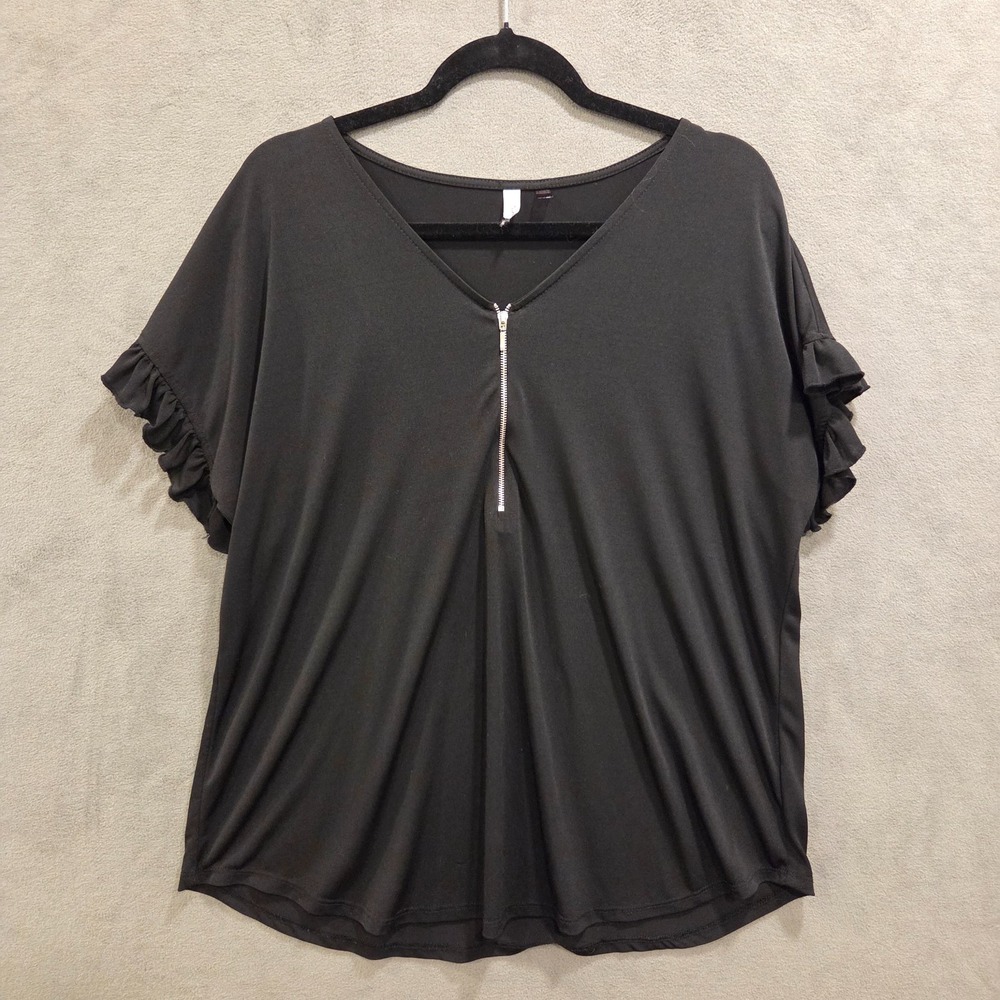 NY Collection Zipper V Neck‎ Top Women's Size 2X Ruffle Sleeve Stretch Slinky
